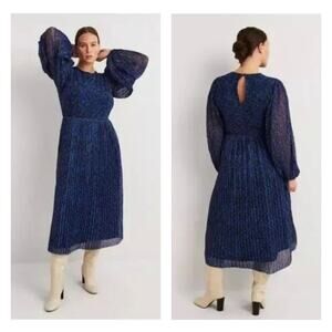 Boden Persian blue painterly stroke pleated midi dress 16/18R XL elegant
